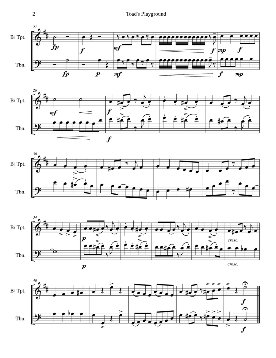Toad's Playground -Duet for Trumpet and Trombone Brass Duet scores gallery preview page 2