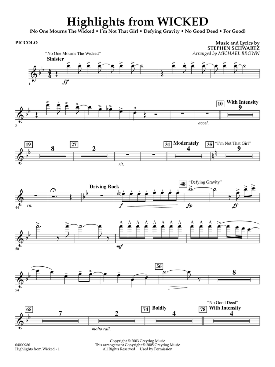 Highlights from Wicked (arr. Michael Brown) - Piccolo Concert Band scores gallery preview page 1