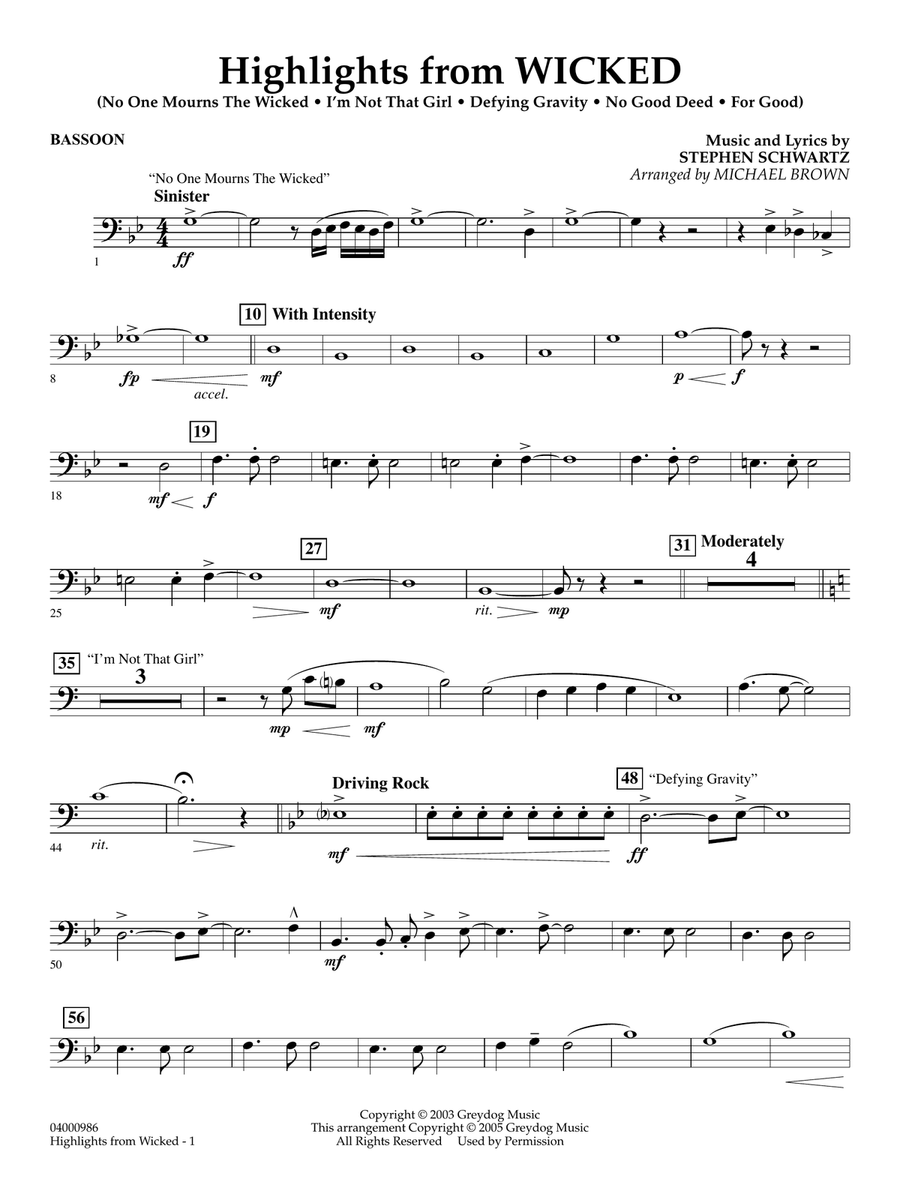 Highlights from Wicked (arr. Michael Brown) - Bassoon Concert Band scores gallery preview page 1