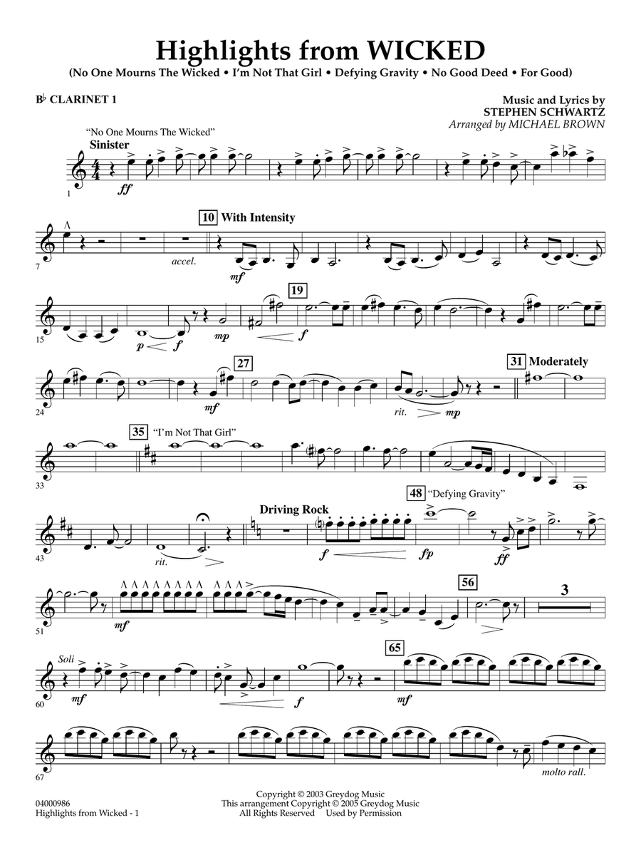 Highlights from Wicked (arr. Michael Brown) - Bb Clarinet 1 Concert Band scores gallery preview page 1