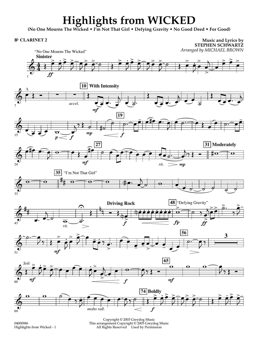 Highlights from Wicked (arr. Michael Brown) - Bb Clarinet 2 Concert Band scores gallery preview page 1