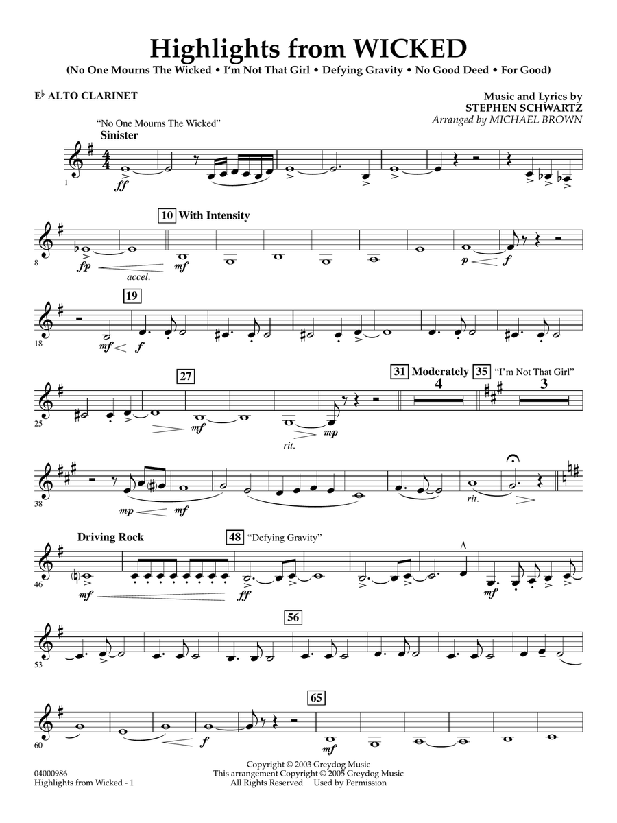 Highlights from Wicked (arr. Michael Brown) - Eb Alto Clarinet Concert Band scores gallery preview page 1