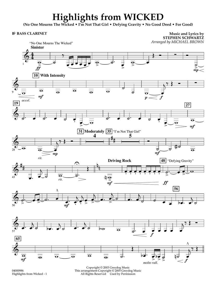 Highlights from Wicked (arr. Michael Brown) - Bb Bass Clarinet Concert Band scores gallery preview page 1