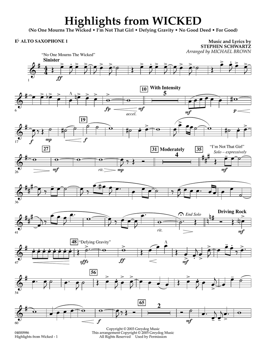 Highlights from Wicked (arr. Michael Brown) - Eb Alto Saxophone 1 Concert Band scores gallery preview page 1