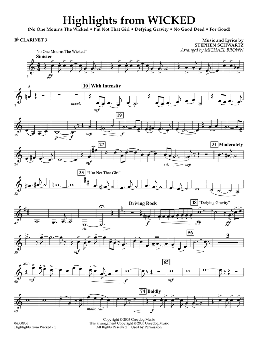 Highlights from Wicked (arr. Michael Brown) - Bb Clarinet 3 Concert Band scores gallery preview page 1