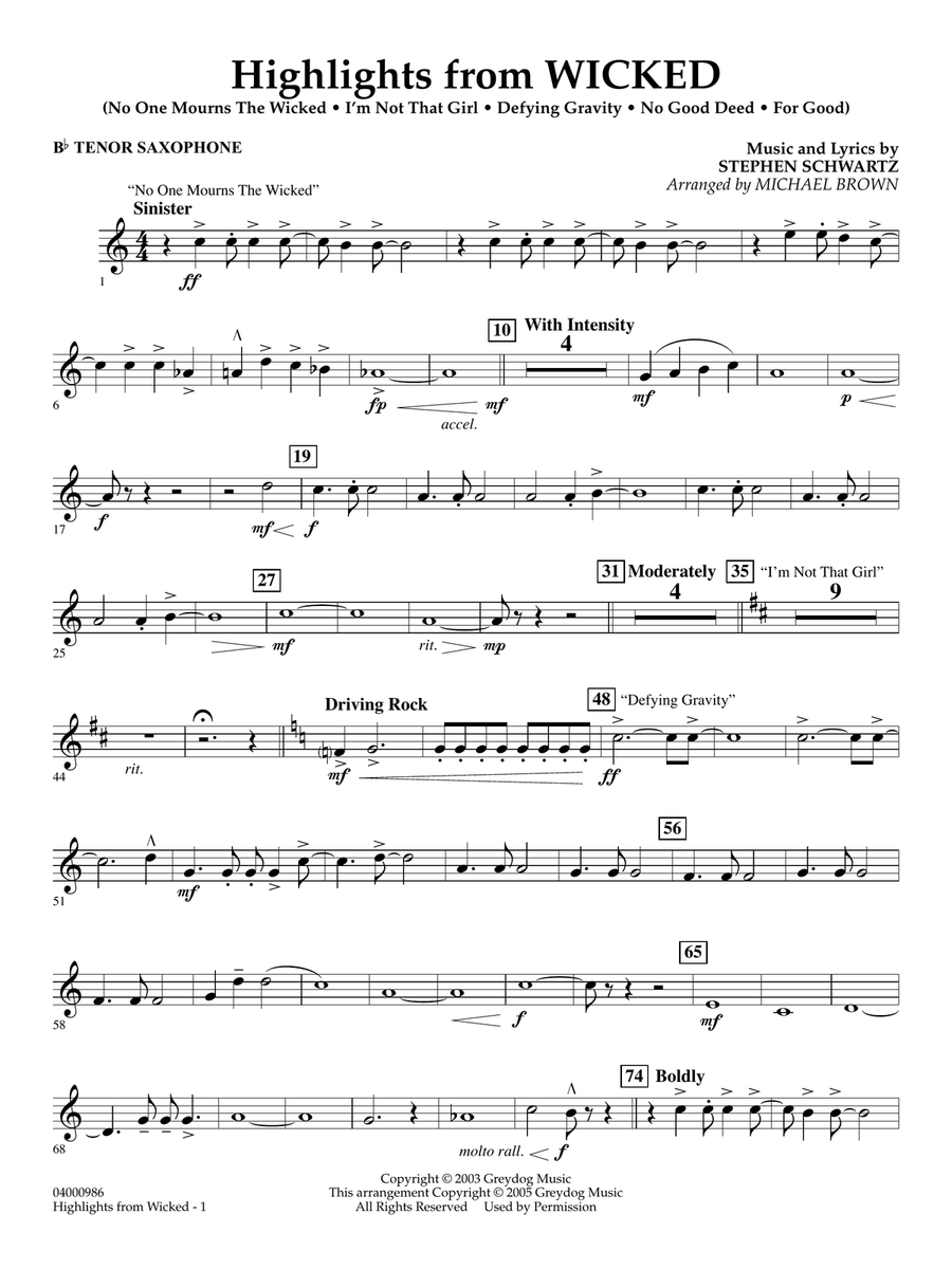Highlights from Wicked (arr. Michael Brown) - Bb Tenor Saxophone Concert Band scores gallery preview page 1