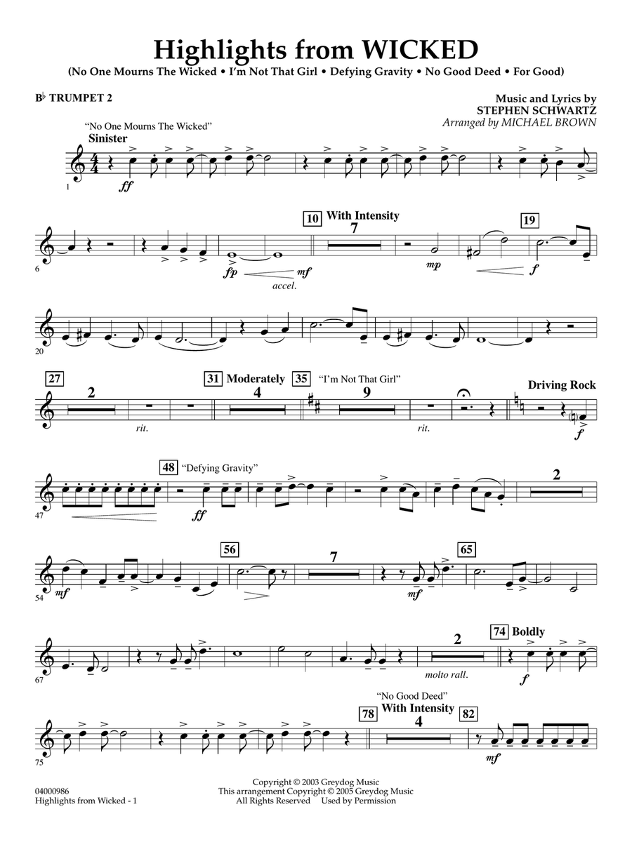 Highlights from Wicked (arr. Michael Brown) - Bb Trumpet 2 Concert Band scores gallery preview page 1