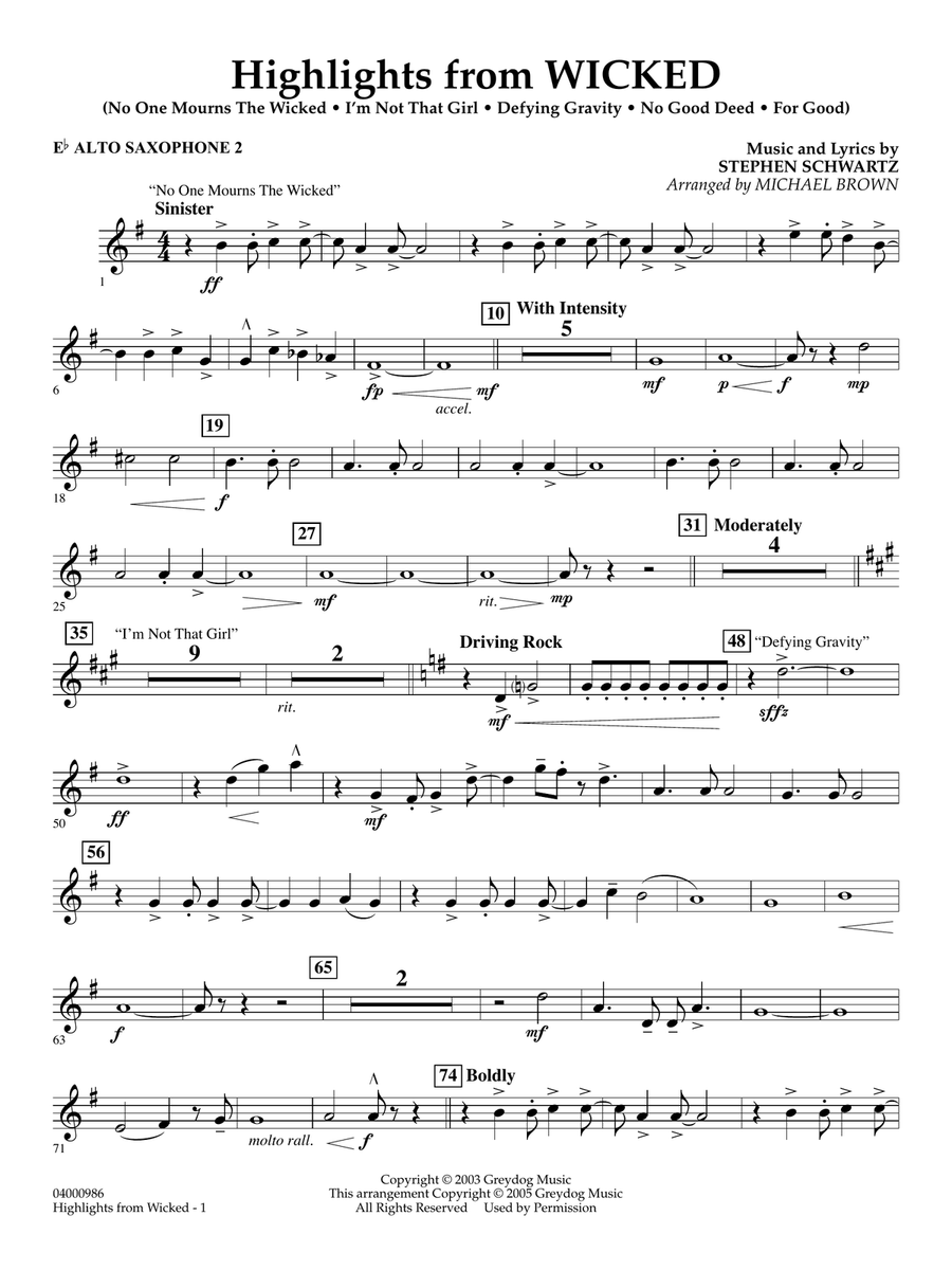 Highlights from Wicked (arr. Michael Brown) - Eb Alto Saxophone 2 Concert Band scores gallery preview page 1