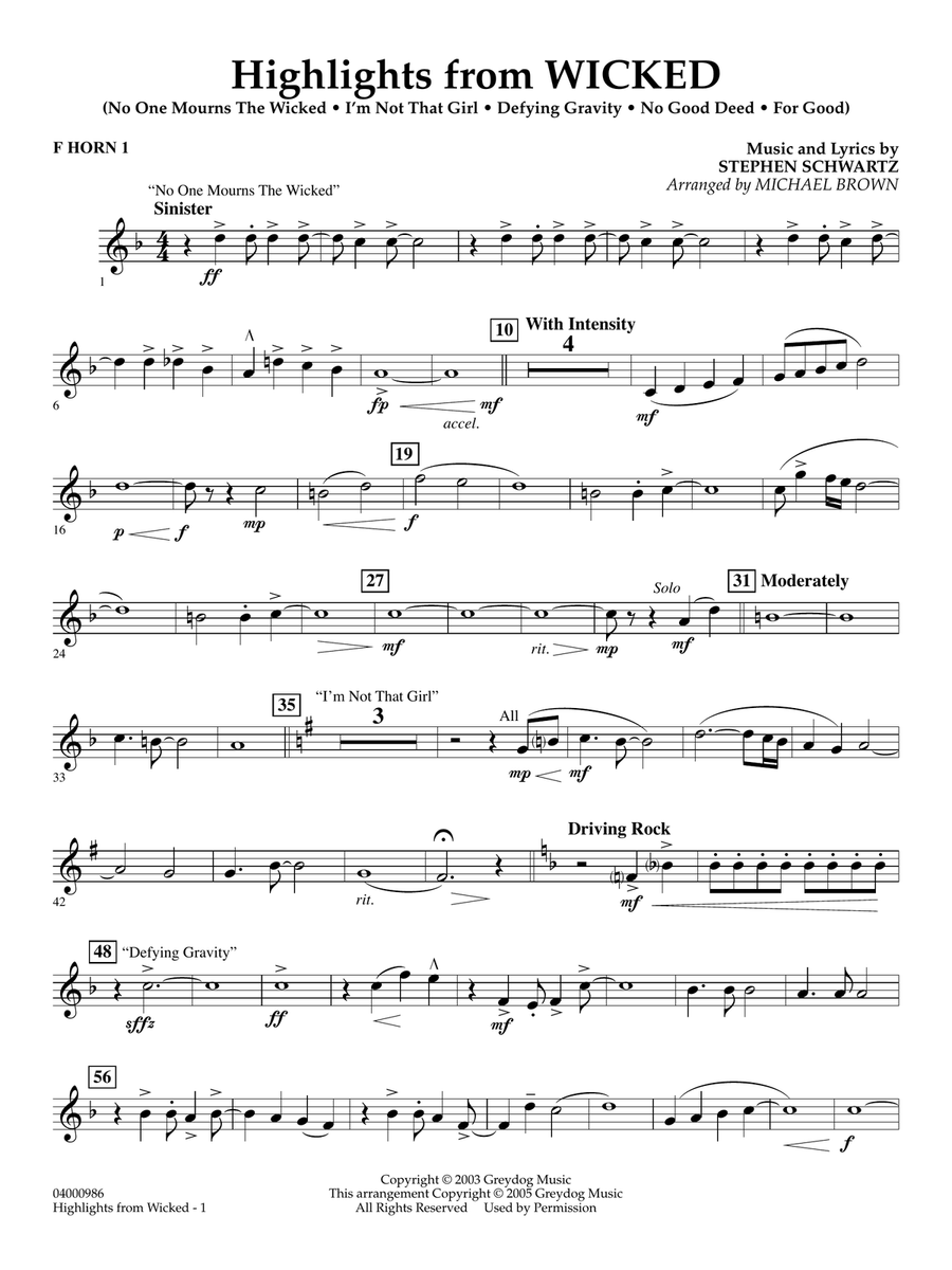 Highlights from Wicked (arr. Michael Brown) - F Horn 1 Concert Band scores gallery preview page 1