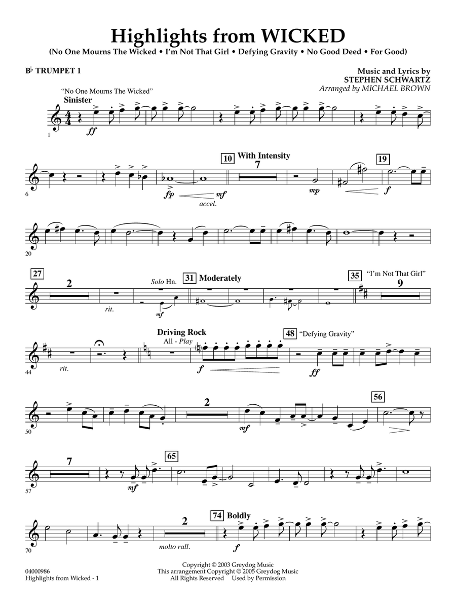 Highlights from Wicked (arr. Michael Brown) - Bb Trumpet 1 Concert Band scores gallery preview page 1