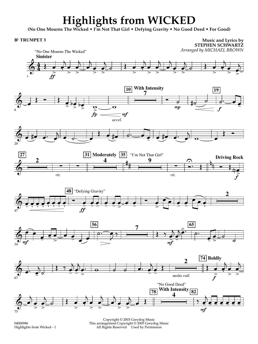 Highlights from Wicked (arr. Michael Brown) - Bb Trumpet 3 Concert Band scores gallery preview page 1