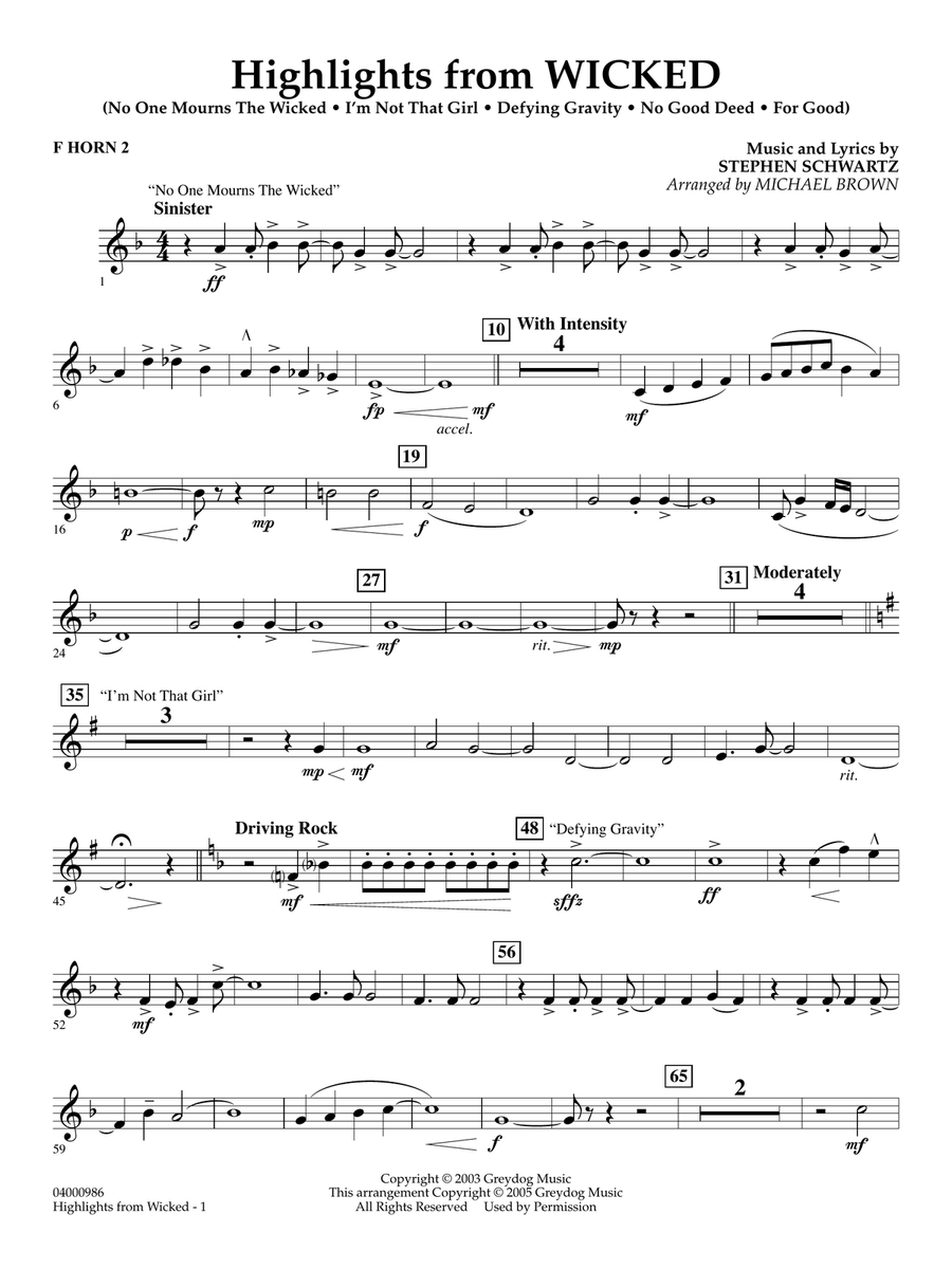 Highlights from Wicked (arr. Michael Brown) - F Horn 2 Concert Band scores gallery preview page 1