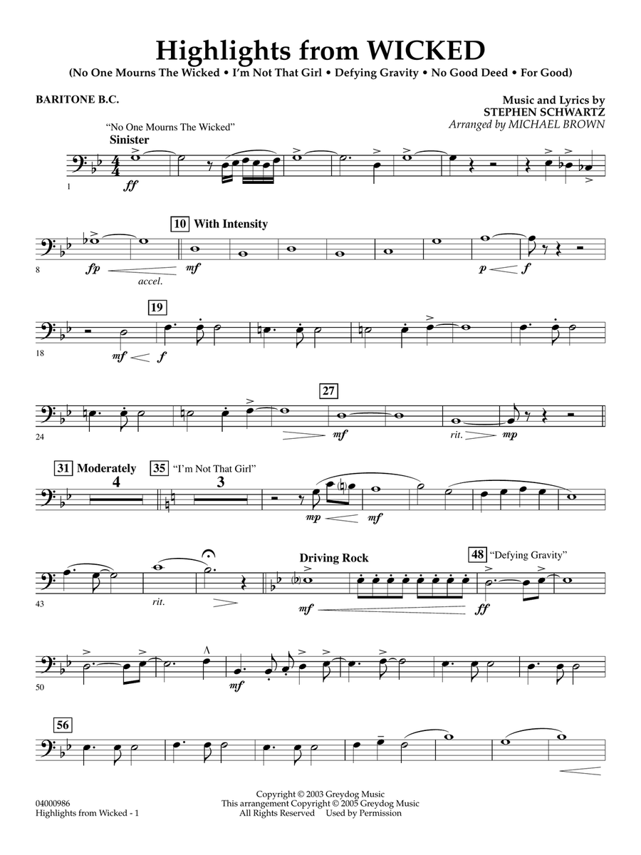 Highlights from Wicked (arr. Michael Brown) - Baritone B.C. Concert Band scores gallery preview page 1