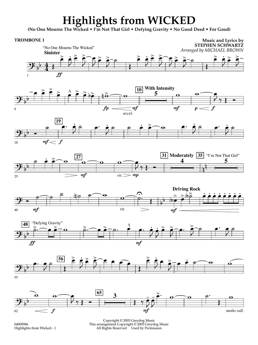 Highlights from Wicked (arr. Michael Brown) - Trombone 1 Concert Band scores gallery preview page 1