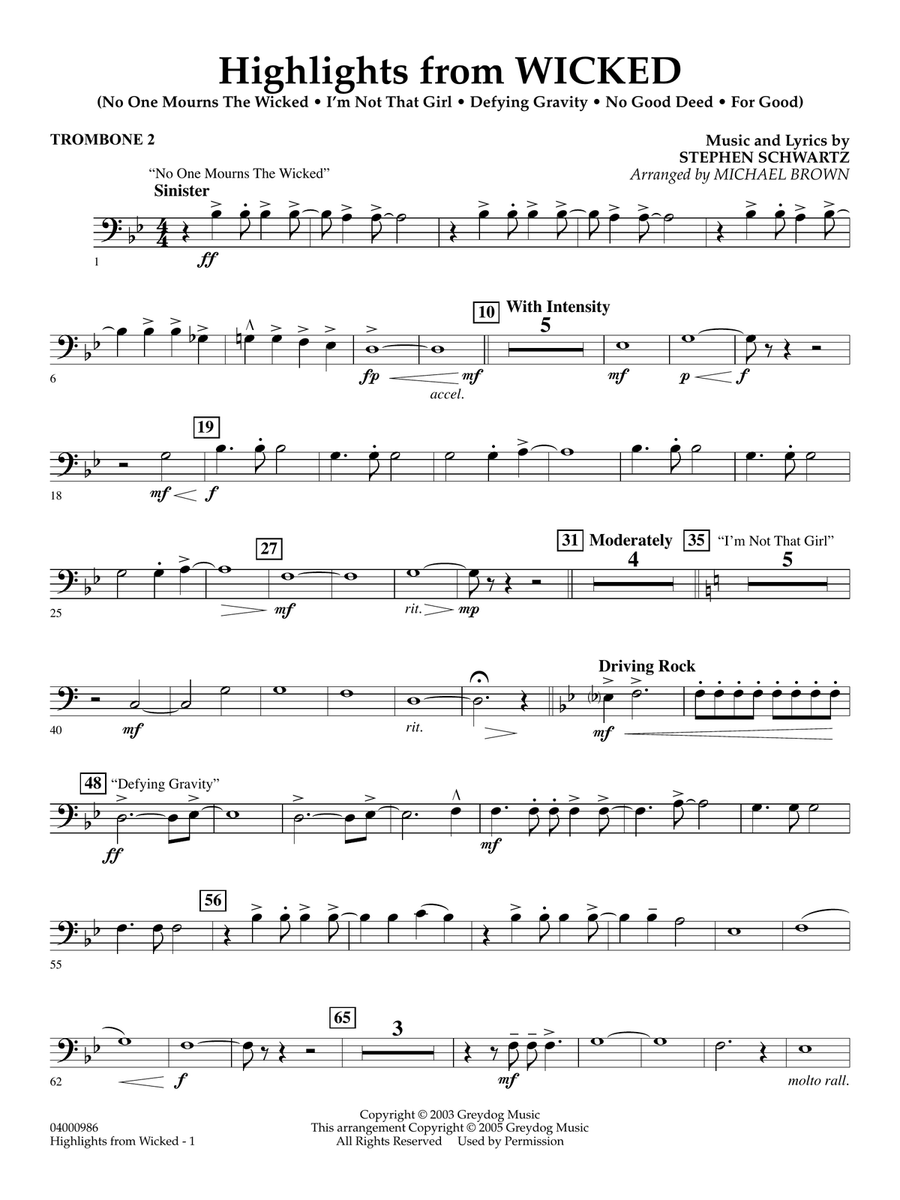 Highlights from Wicked (arr. Michael Brown) - Trombone 2 Concert Band scores gallery preview page 1