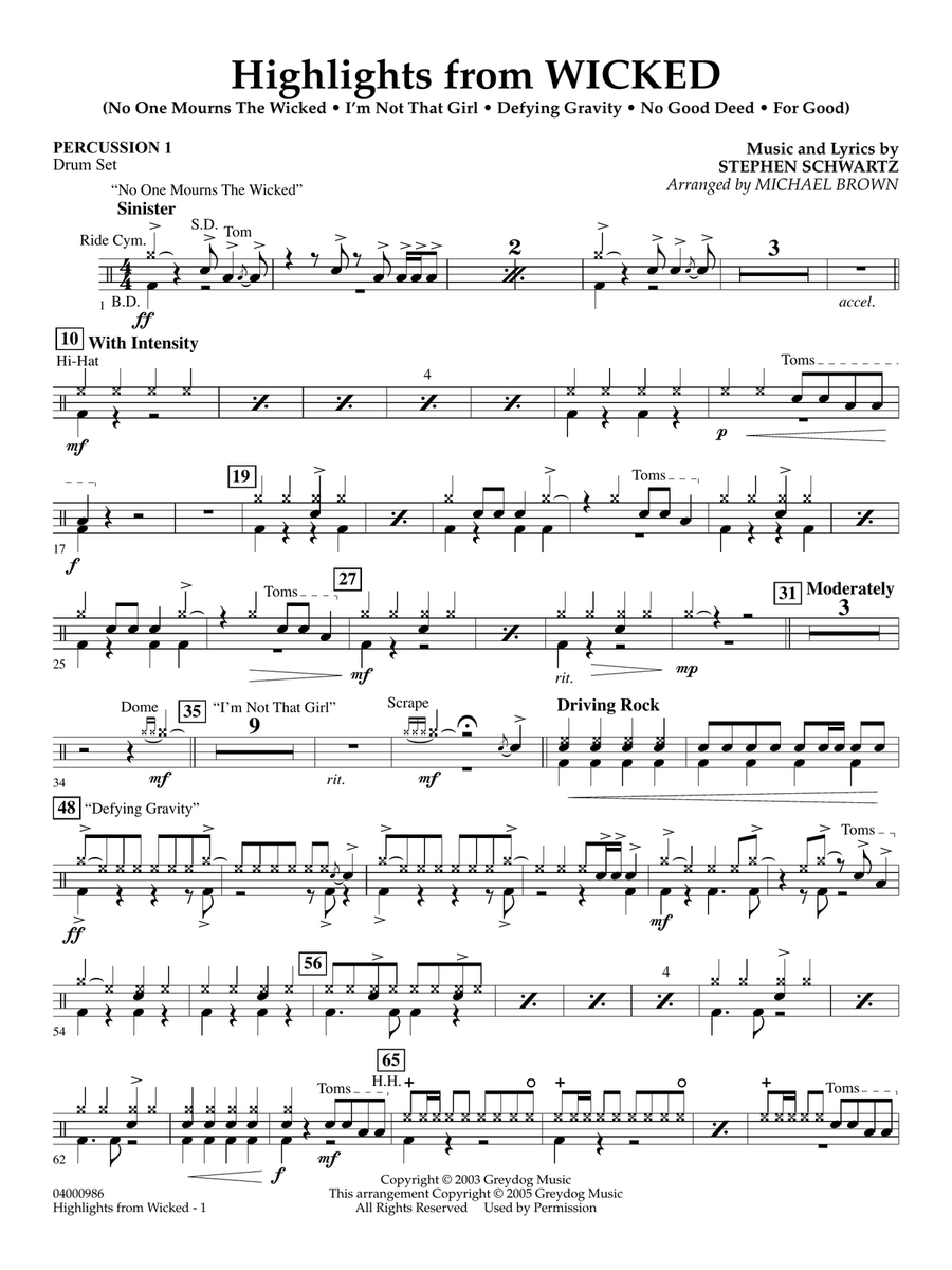 Highlights from Wicked (arr. Michael Brown) - Percussion 1 Concert Band scores gallery preview page 1