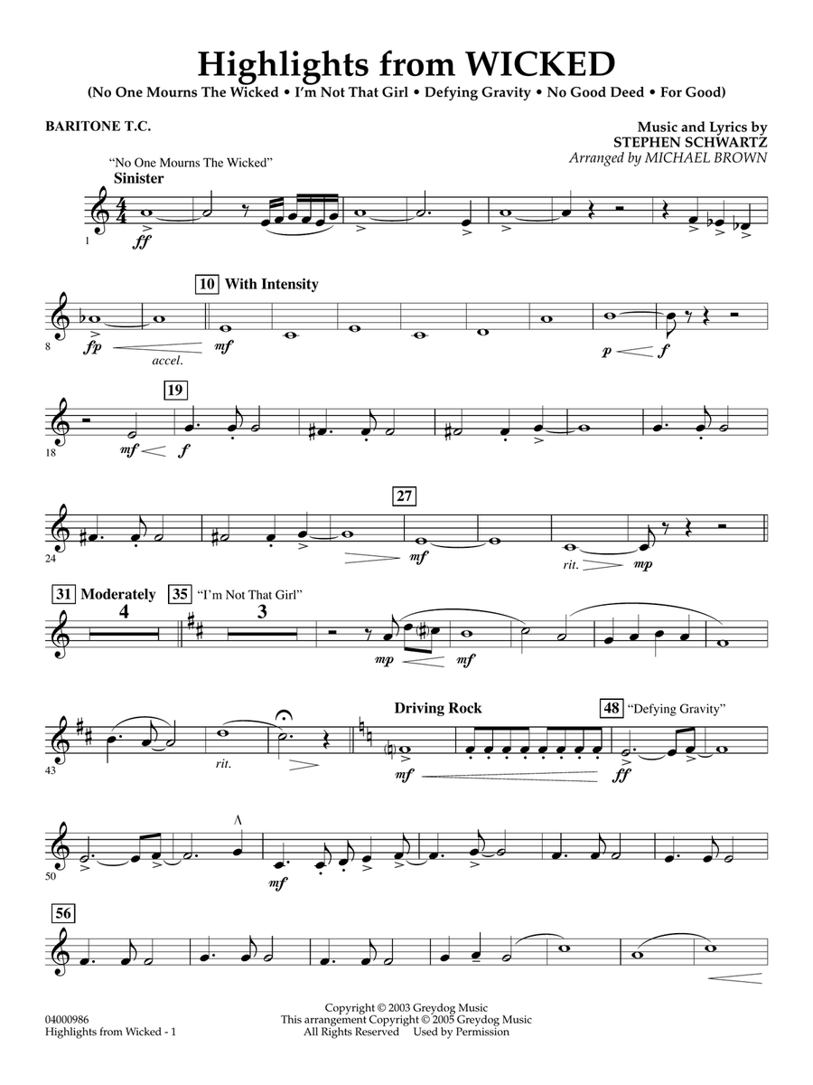 Highlights from Wicked (arr. Michael Brown) - Baritone T.C. Concert Band scores gallery preview page 1