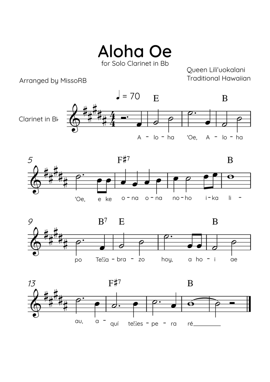 Aloha Oe - Solo Clarinet in Bb in A Major Easy With Lyrics & Chords B-Flat Clarinet scores gallery preview page 1