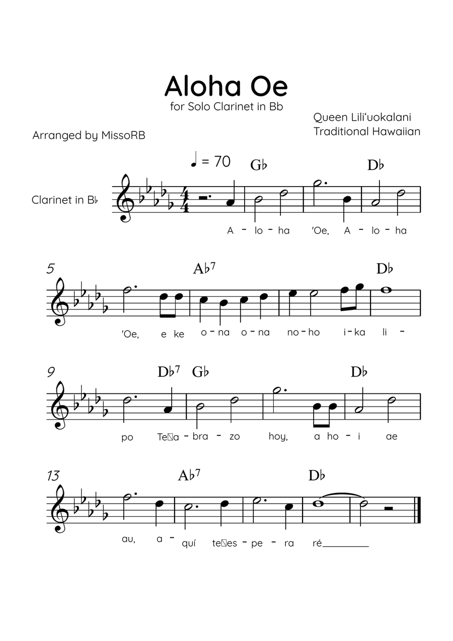 Aloha Oe - Solo Clarinet in Bb in B Major Easy With Lyrics & Chords B-Flat Clarinet scores gallery preview page 1