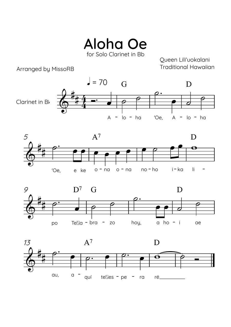 Aloha Oe - Solo Clarinet in Bb in C Major Easy With Lyrics & Chords B-Flat Clarinet scores gallery preview page 1