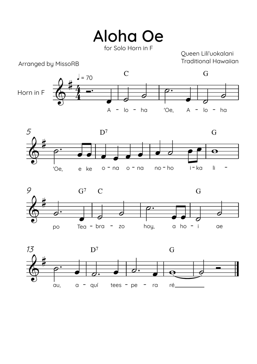 Aloha Oe - Solo Horn in F in C Major Easy With Lyrics & Chords Horn Solo scores gallery preview page 1