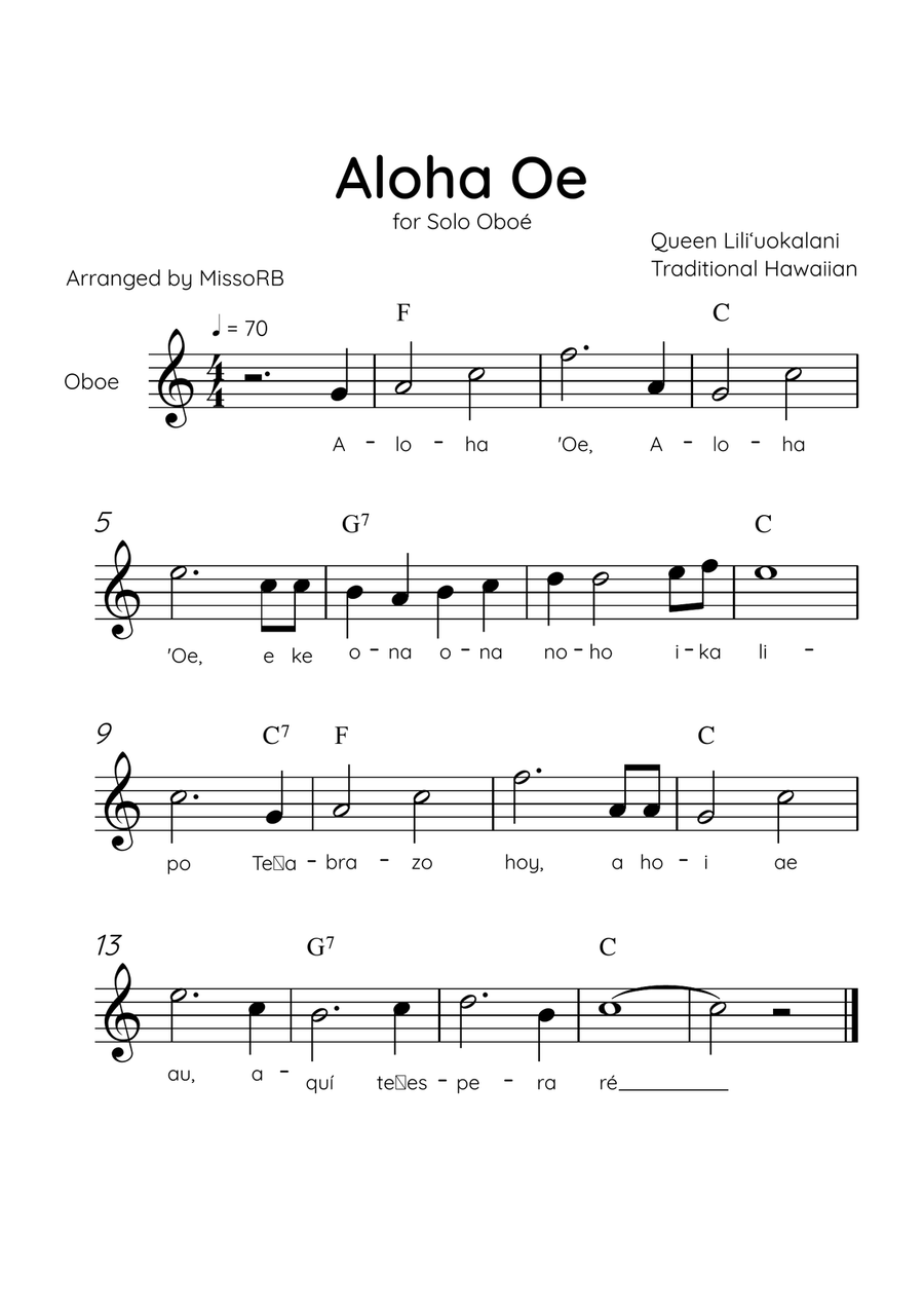 Aloha Oe - Solo Oboe in C Major Easy With Lyrics & Chords Oboe Solo scores gallery preview page 1