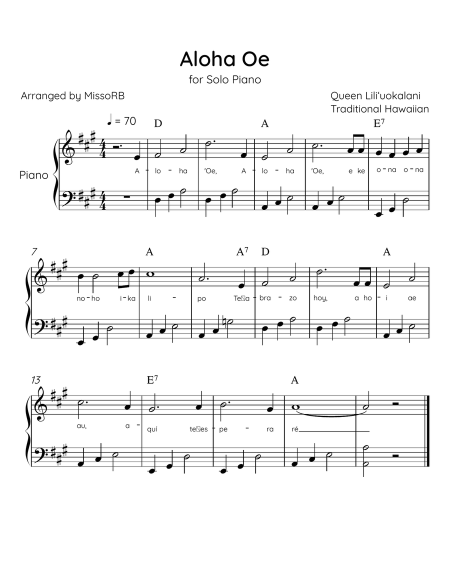 Aloha Oe - Solo Piano in A Major Easy With Lyrics & Chords Easy Piano scores gallery preview page 1