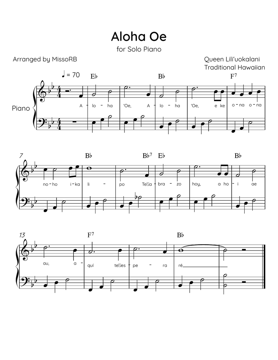 Aloha Oe - Solo Piano in Bb Major Easy With Lyrics & Chords Easy Piano scores gallery preview page 1