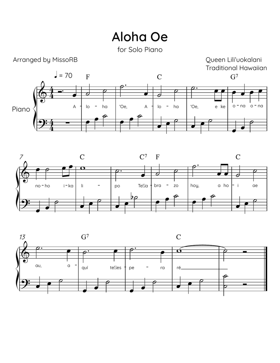 Aloha Oe - Solo Piano in C Major Easy With Lyrics & Chords Easy Piano scores gallery preview page 1