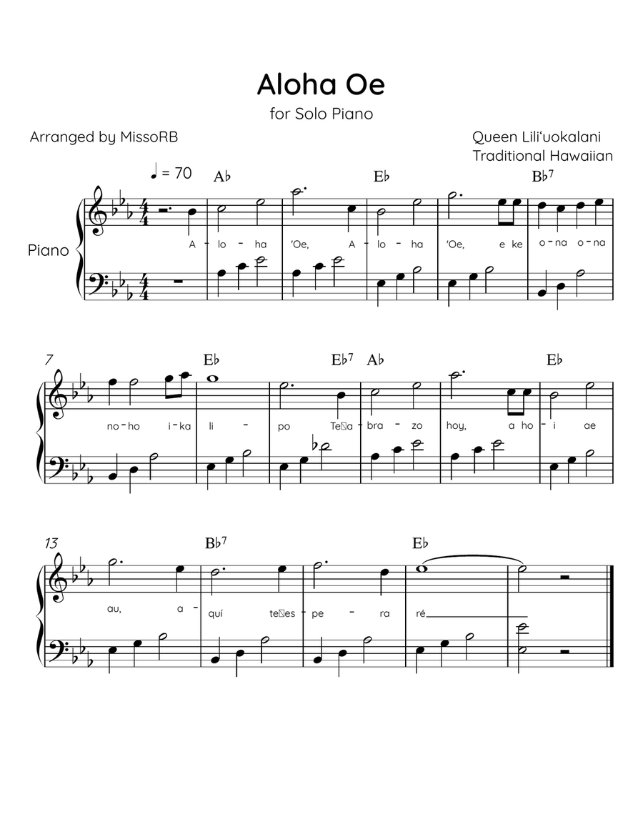 Aloha Oe - Solo Piano in Eb Major Easy With Lyrics & Chords Easy Piano scores gallery preview page 1
