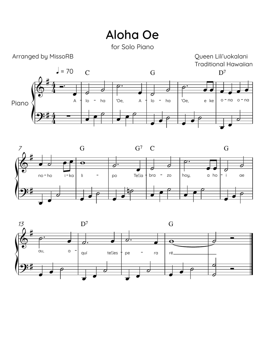 Aloha Oe - Solo Piano in G Major Easy With Lyrics & Chords Easy Piano scores gallery preview page 1