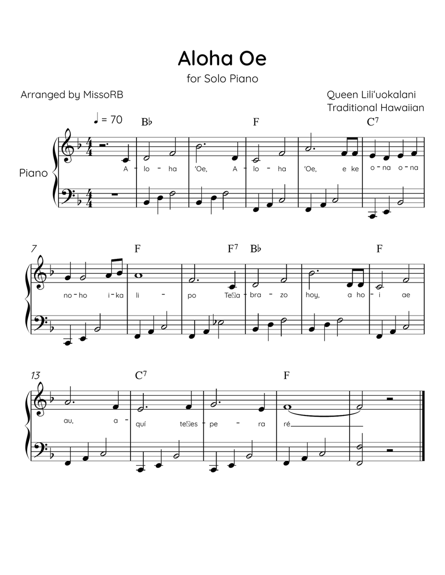 Aloha Oe - Solo Piano in F Major Easy With Lyrics & Chords Easy Piano scores gallery preview page 1