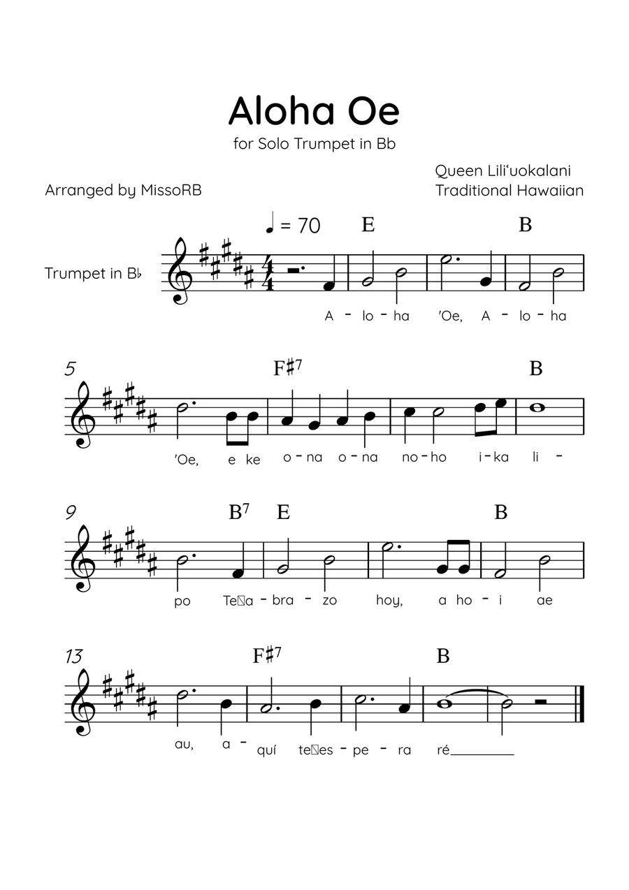Aloha Oe - Solo Trumpet in Bb in A Major Easy With Lyrics & Chords B-Flat Trumpet scores gallery preview page 1
