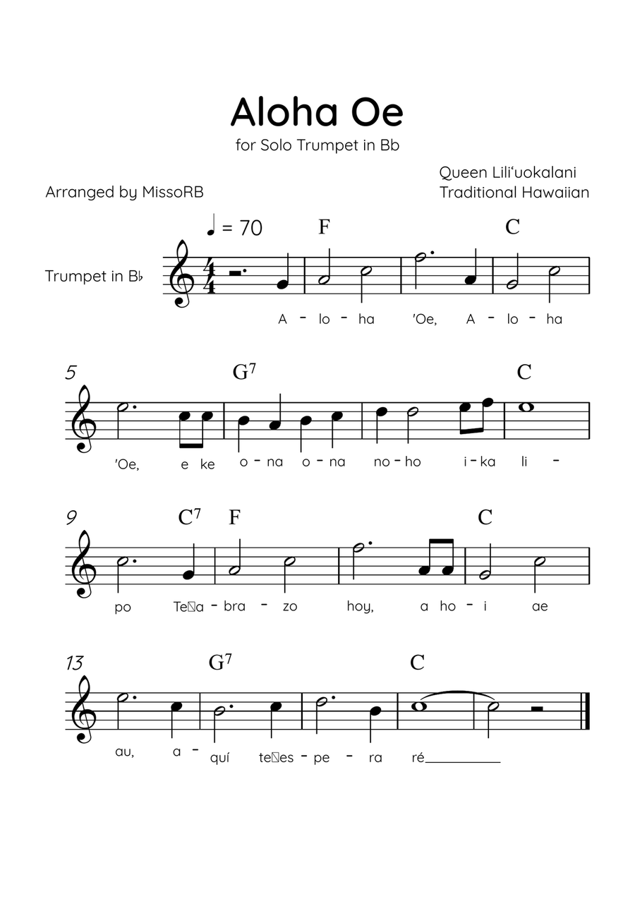 Aloha Oe - Solo Trumpet in Bb in Bb Major Easy With Lyrics & Chords B-Flat Trumpet scores gallery preview page 1