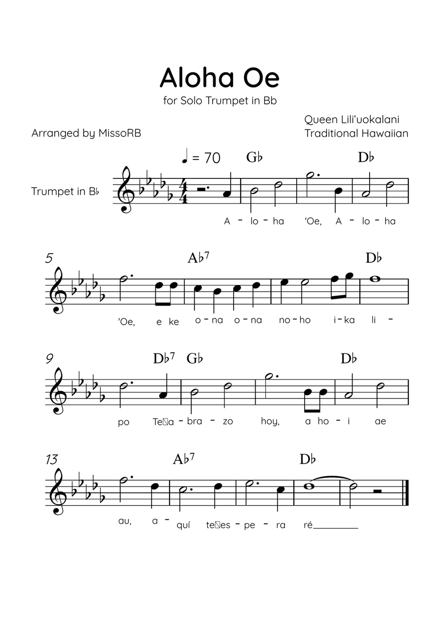 Aloha Oe - Solo Trumpet in Bb in B Major Easy With Lyrics & Chords B-Flat Trumpet scores gallery preview page 1