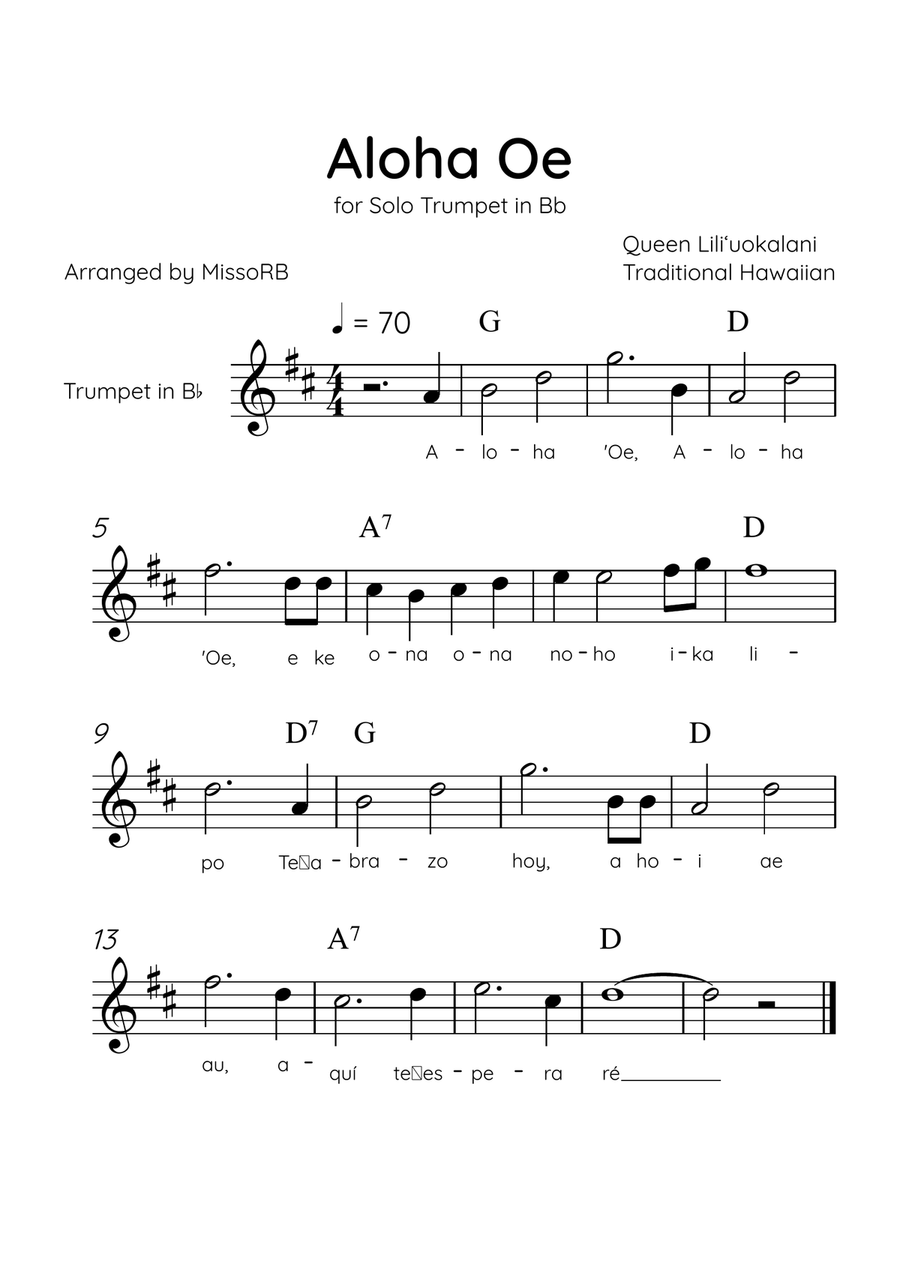 Aloha Oe - Solo Trumpet in Bb in C Major Easy With Lyrics & Chords B-Flat Trumpet scores gallery preview page 1
