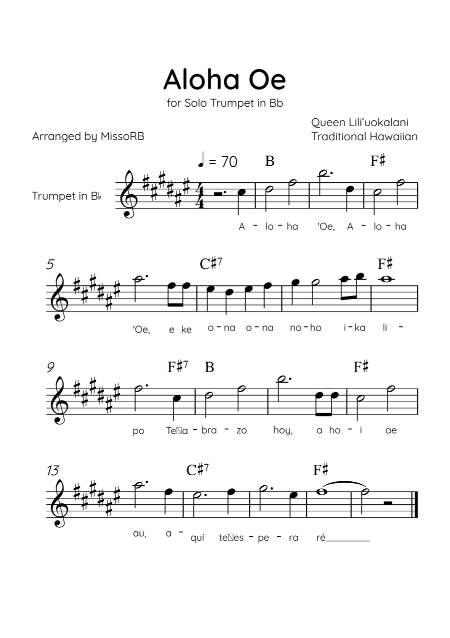 Aloha Oe - Solo Trumpet in Bb in E Major Easy With Lyrics & Chords B-Flat Trumpet scores gallery preview page 1