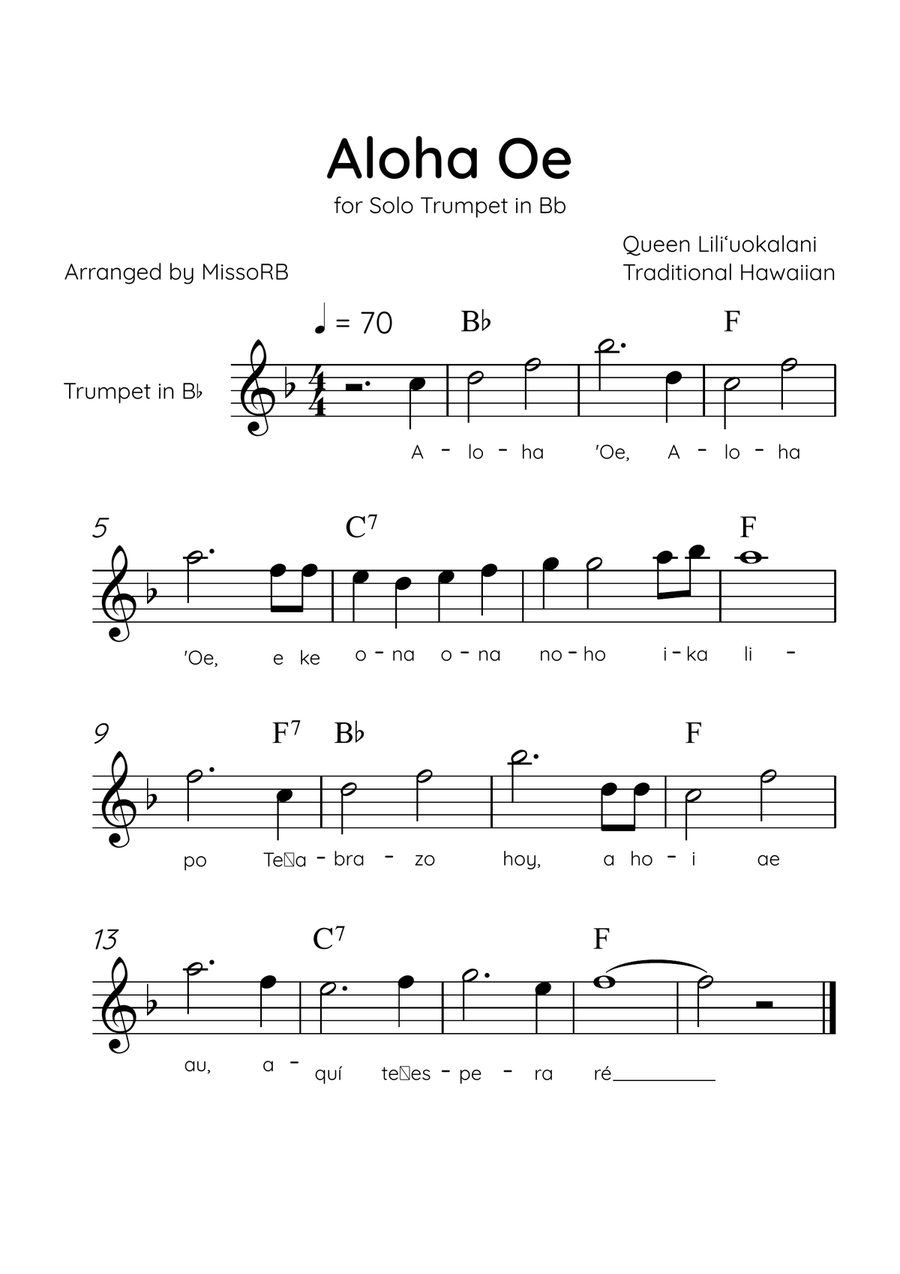 Aloha Oe - Solo Trumpet in Bb in Eb Major Easy With Lyrics & Chords B-Flat Trumpet scores gallery preview page 1