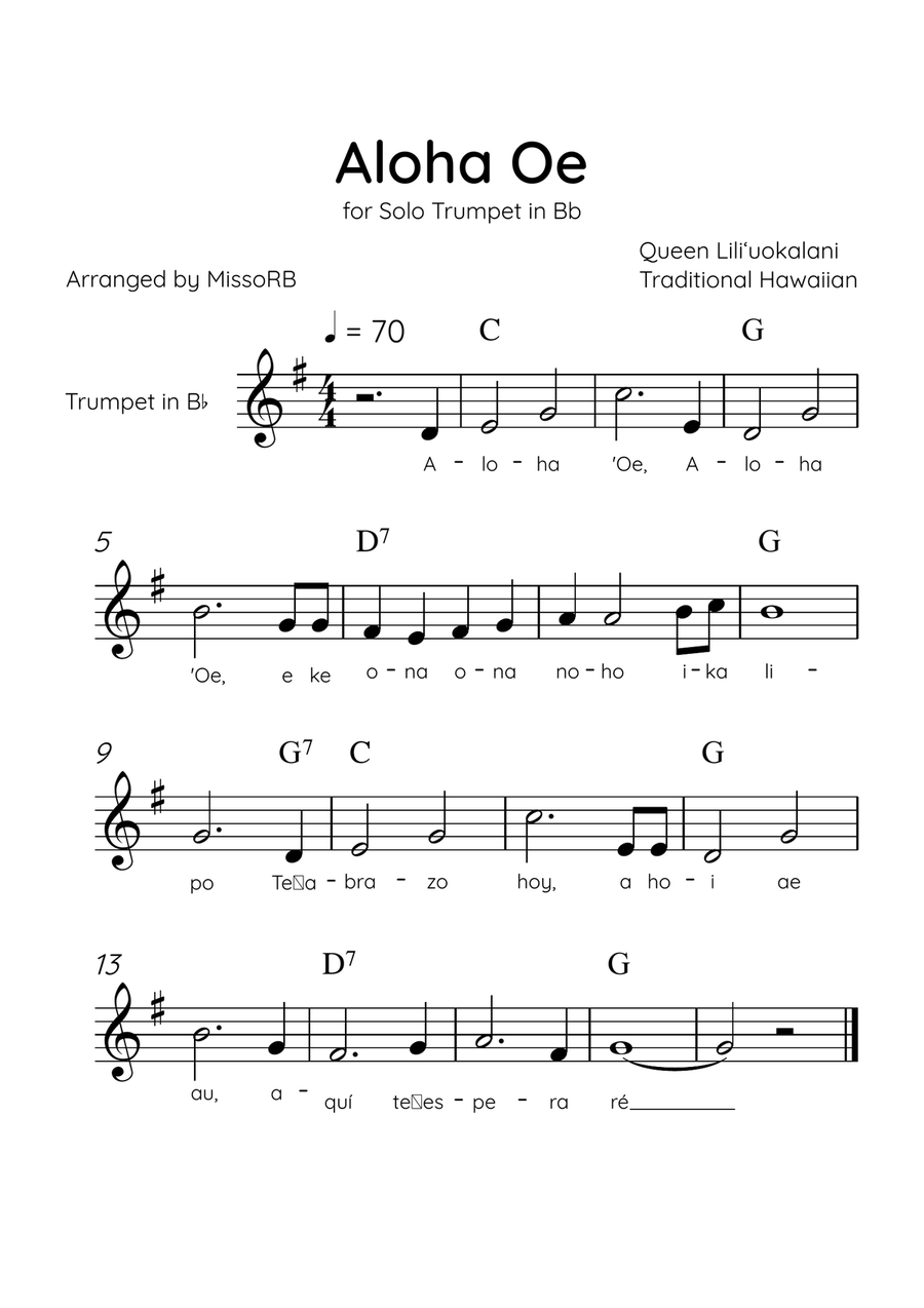 Aloha Oe - Solo Trumpet in Bb in F Major Easy With Lyrics & Chords B-Flat Trumpet scores gallery preview page 1