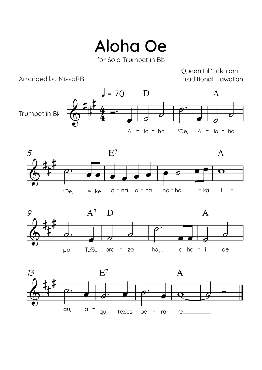 Aloha Oe - Solo Trumpet in Bb in G Major Easy With Lyrics & Chords B-Flat Trumpet scores gallery preview page 1