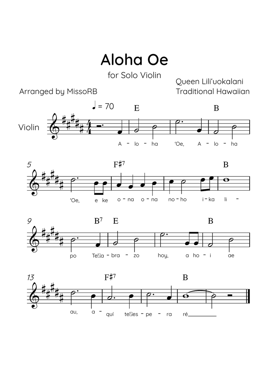 Aloha Oe - Solo Violin in B Major Easy With Lyrics & Chords Violin Solo scores gallery preview page 1