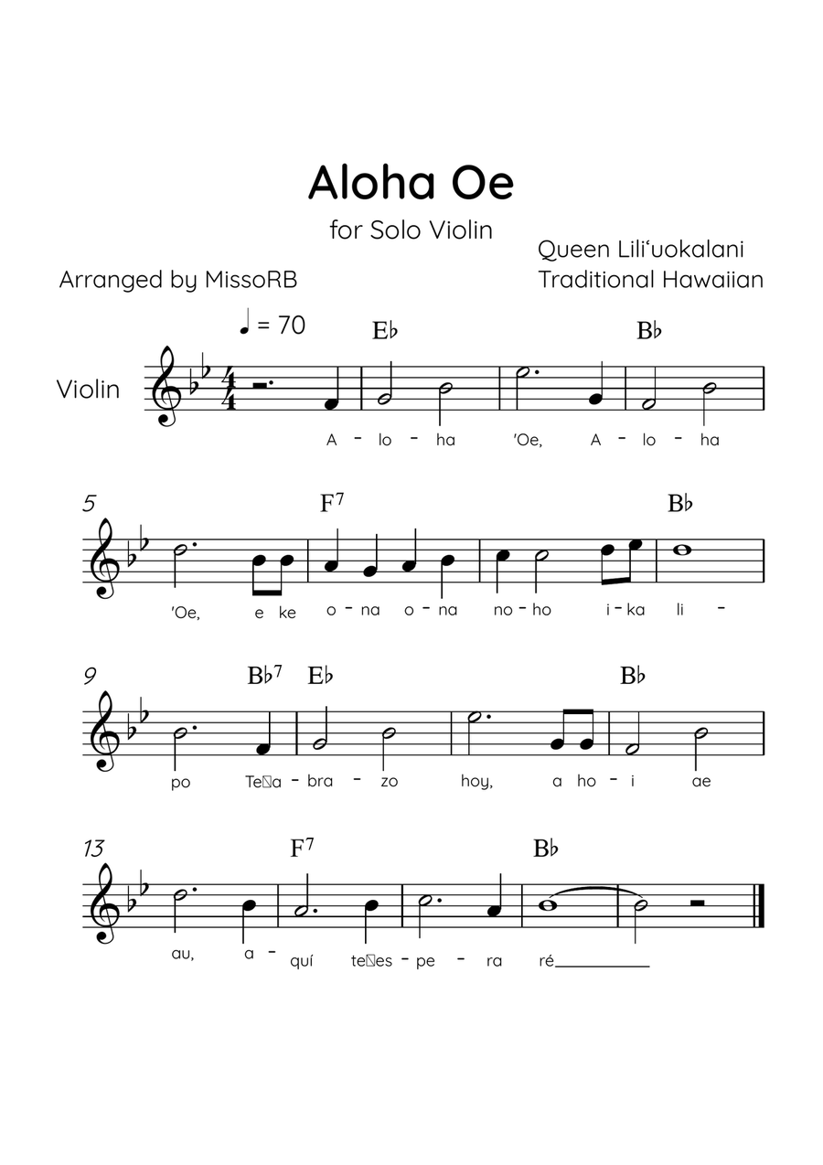 Aloha Oe - Solo Violin in Bb Major Easy With Lyrics & Chords Violin Solo scores gallery preview page 1