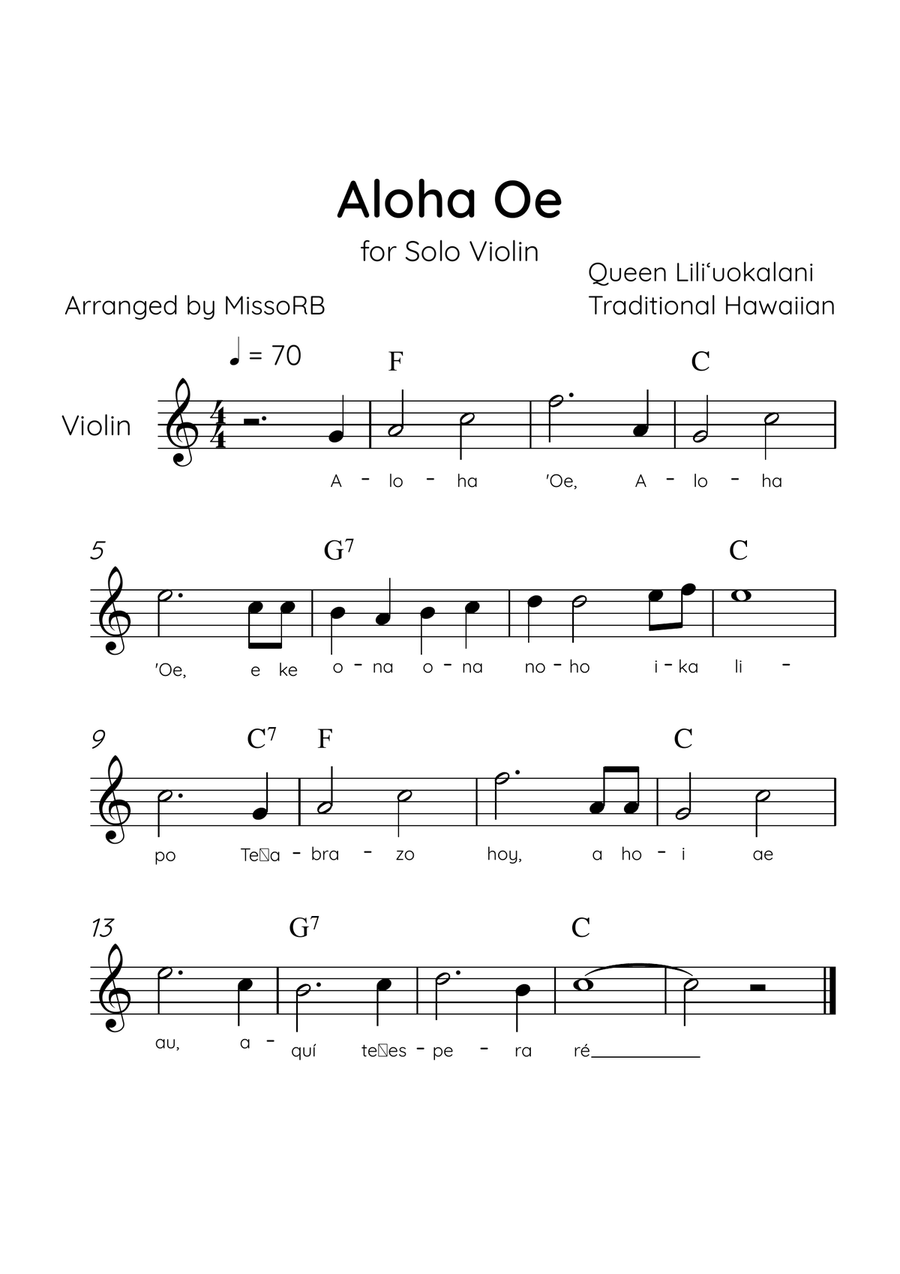 Aloha Oe - Solo Violin in C Major Easy With Lyrics & Chords Violin Solo scores gallery preview page 1