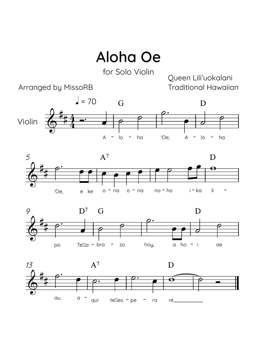 Aloha Oe - Solo Violin in D Major Easy With Lyrics & Chords Violin Solo scores gallery preview page 1