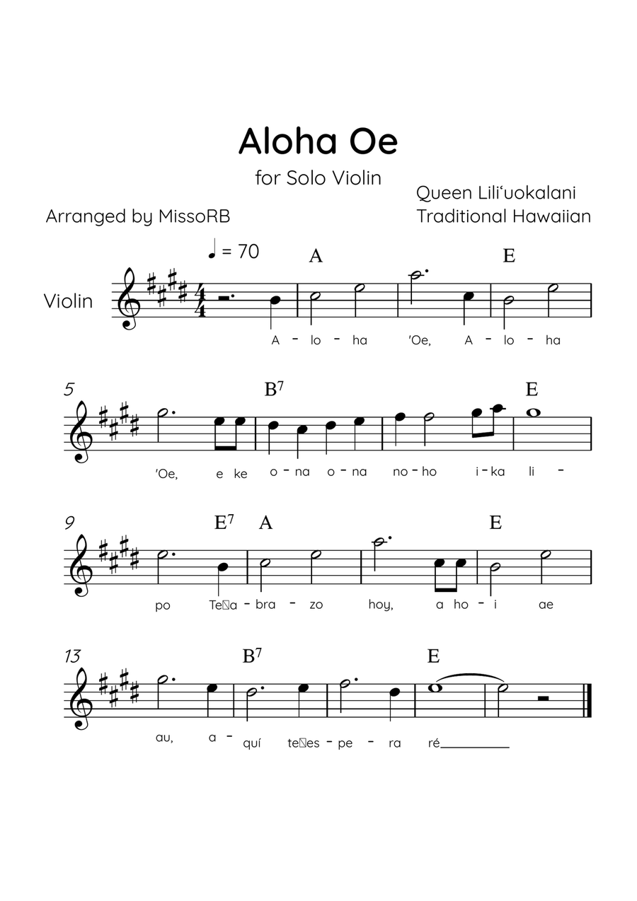 Aloha Oe - Solo Violin in E Major Easy With Lyrics & Chords Violin Solo scores gallery preview page 1
