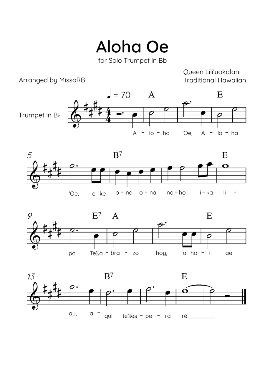 Aloha Oe - Solo Trumpet in Bb in D Major Easy With Lyrics & Chords B-Flat Trumpet scores gallery preview page 1
