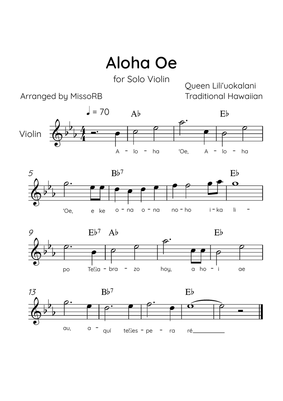 Aloha Oe - Solo Violin in Eb Major Easy With Lyrics & Chords Violin Solo scores gallery preview page 1