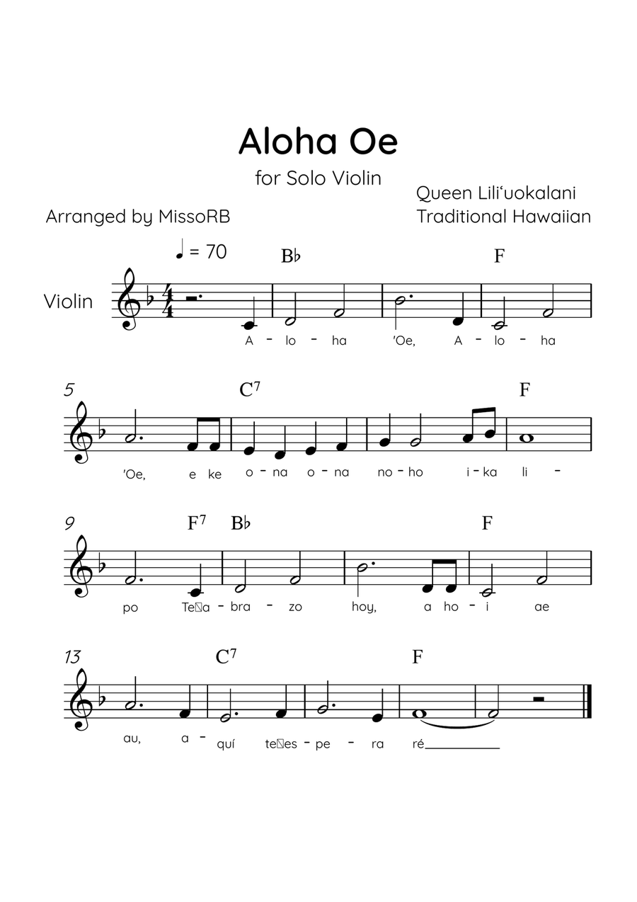 Aloha Oe - Solo Violin in F Major Easy With Lyrics & Chords Violin Solo scores gallery preview page 1