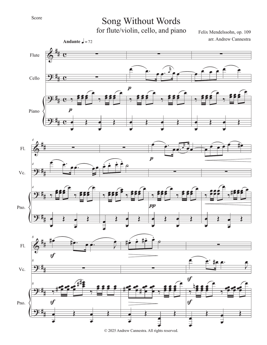 Mendelssohn: Song Without Words, op. 109 - Piano Trio version Piano Trio scores gallery preview page 1