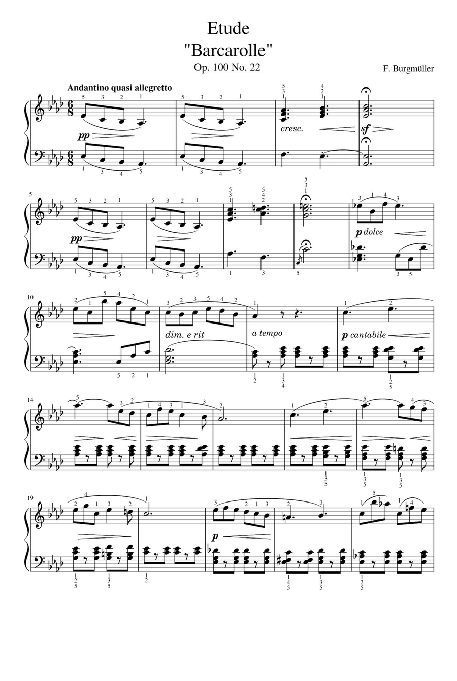 Etude Op.100 No. 22 Barcarolle - Friedrich Burgmüller Piano Method scores gallery preview page 1